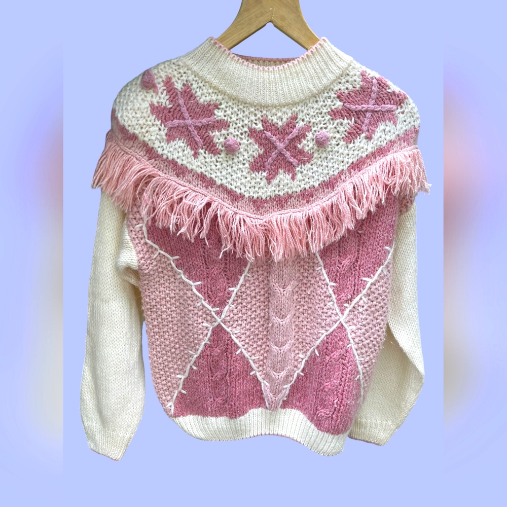 VINTAGE 80S HAND KNITTED HUNTINGTON RIDGE PINK AND WHITE WOMENS SWEATER